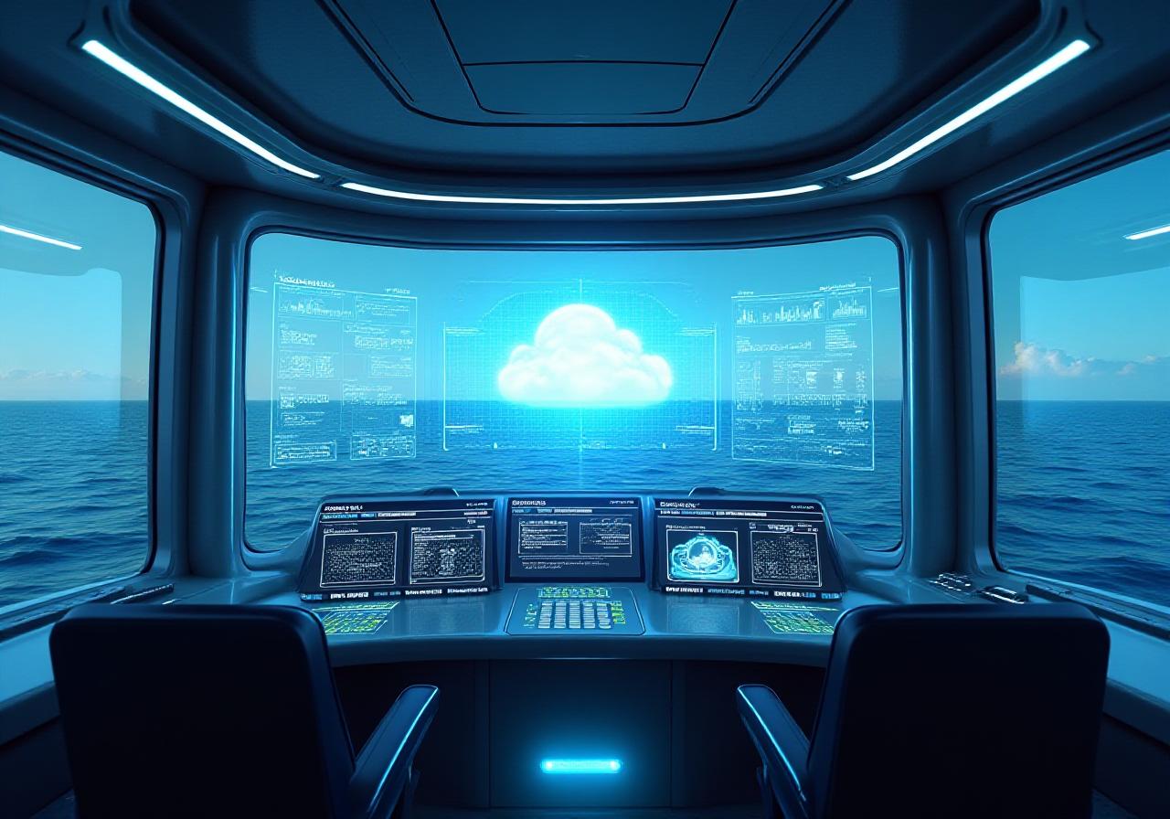 Futuristic maritime control room with digital overlays