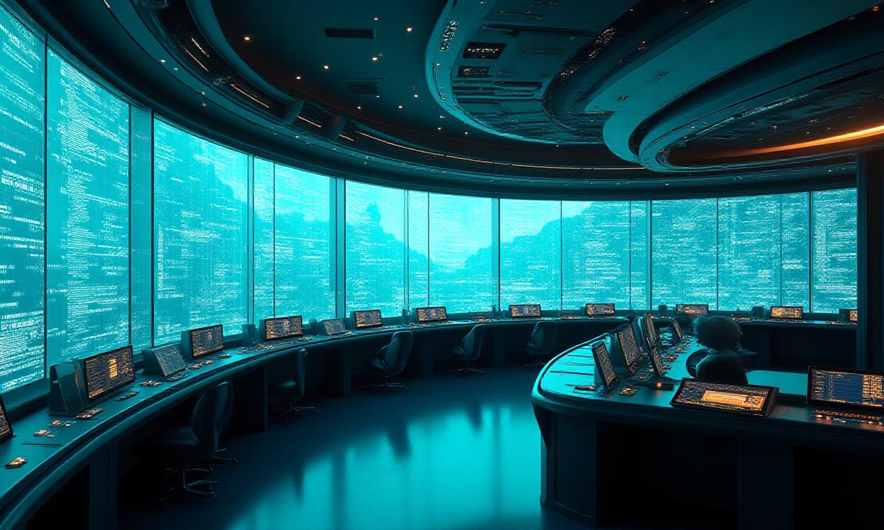 A futuristic nautical command center overlooking a digital ocean